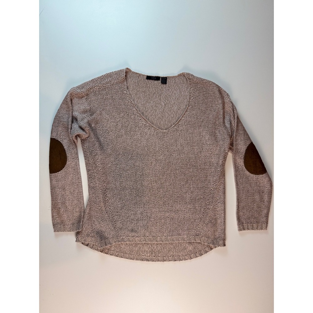 RDI Womens XL Tan Marled V-Neck Sweater with Brown Elbow Patches‎ High-Low Hem